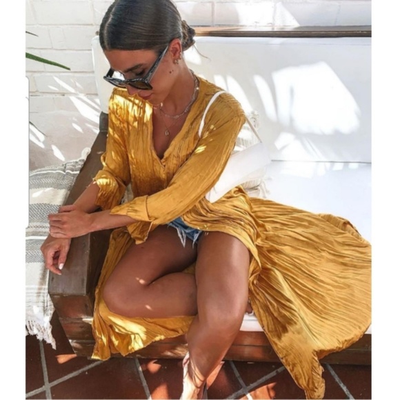 Zara Mustard Wrinkle Look Dress NWT - Picture 3 of 16